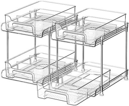 PETISAL Under Sink Organizer 2 Pack, Kitchen Organizers and Storage 2 Tier, Bathroom Organizer Clear with dividers, Pantry Organizer, Medicine Cabinet Organizer