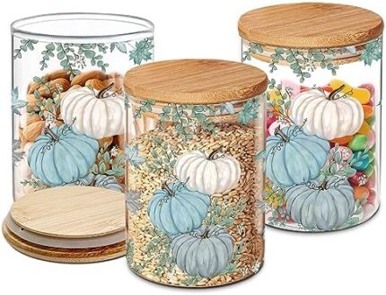 PINATA Blue Pumpkins Fall Decorations for Home, Canister Sets Kitchen Counter Countertop, Blue Farmhouse Decor, Organization and Storage 3.3''X3.3''X5.1'' Decor Container (3 Pack) 3.35 Diameter