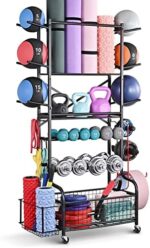 PLKOW Dumbbell Rack, Weight Rack for Dumbbells, Home Gym Storage for Dumbbells Kettlebells Yoga Mat and Balls, All in One Workout Storage with Wheels and Hooks, Powder Coated Finish Steel