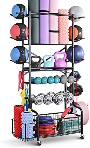 PLKOW Dumbbell Rack, Weight Rack for Dumbbells, Home Gym Storage for Dumbbells Kettlebells Yoga Mat and Balls, All in One Workout Storage with Wheels and Hooks, Powder Coated Finish Steel