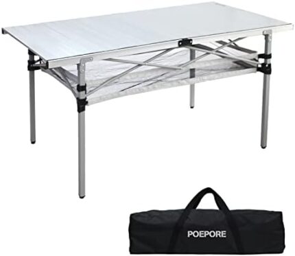 POEPORE Large Folding Camping Table Aluminum with Storage for 4-6 People 54"X27.5" Roll Up Tall Outdoor Portable Table Lightweight with Carry Bag for Picnic BBQ Backyard Beach Silver
