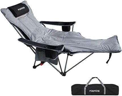 POEPORE Reclining Camping Chair with Removable Footrest Lounge Chair with Headrest, Cotton Cushion, Portable Adjustable Folding Chairs for Adults
