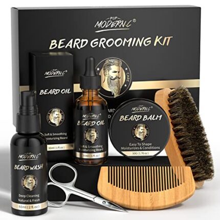 POP MODERN.C Beard Growth Kit Beard Grooming Kit 6pcs Beard Wash Shampoo Beard Oil Beard Balm Beard Comb Brush Scissors Best Gift for Men for Valentine's Day Christmas Father's Day Birthdays
