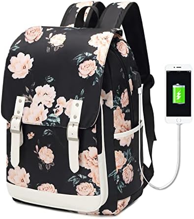 Pawsky Laptop Backpack for Women Girls, Stylish College School Backpack with USB Charging Port Water Resistant Casual Daypack, Floral