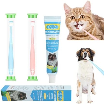 Pet Cat Dog Toothbrush and Toothpaste Brushing Kit,Vanilla Flavor Toothpaste & 2 pcs 360 Toothbrush Teeth Cleaning & Fresh Breath Dental Care Best for Bad Breath by Removing Plaque and Tartar Buildup