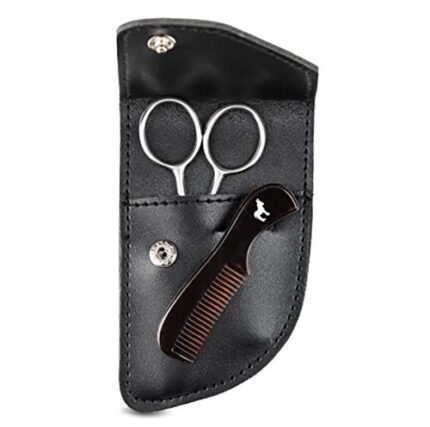 Pete & Pedro Beard Care & Mustache Comb + Stainless Steel Scissors Kit | Scissor Trims, Comb Styles & Detangles Knots, Men’s Grooming Travel Kit With a Protective Leather Case | As Seen on Shark Tank