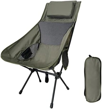 Petgin High Back Folding Camping Chair,Lightweight Folding Chairs,Removable Pillow, Side Pocket & Carry Bag,Compact & Heavy Duty for Outdoor Camp,Hiking,Picnic,Beach Backpacking(Olive Green)