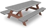 Picnic Table and Bench Fitted Tablecloth Cover, 3-Piece Set, KENOBEE Flannel Backing Elastic Edge Waterproof Wipeable Plastic Cover Vinyl Tablecloth for Home Goods Indoor Outdoor Patio, Black-White