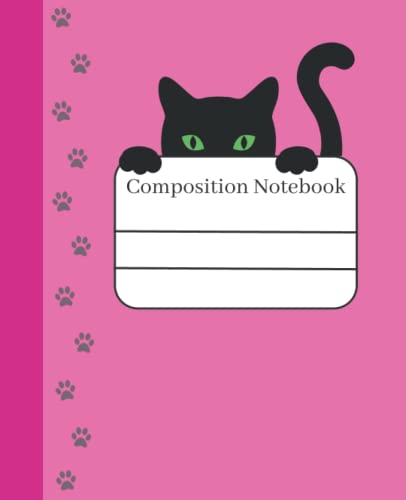 Pink Composition Notebook with Black Cat Illustration Journal, Lined, College rule