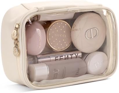 Pocmimut Clear Makeup Bag,PU Leather Small Makeup Pouch,TSA Approved Travel Small Toiletry Bag for Travel Accessories Essentials - Quart Size Travel Small Makeup Bag for Purse(White)