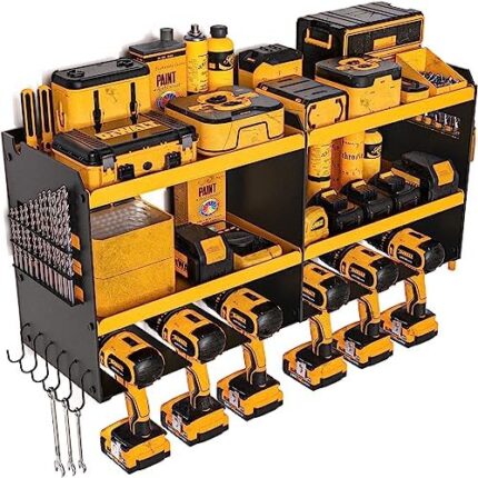Power Tool Organizer with Charging Station, 6 Drill Holders Wall Mount, Heavy Duty Metal Premium Garage Utility Tool Shelf, Cordless Tool Storage with Screwdriver Heavy Duty Rack - Yellow