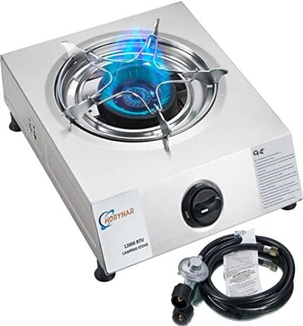 Propane Stove Single Burner Propane Stove 1 Burner Propane Burner Camping Stove Propane with Propane Adapter Hose 12000 BTU Portable Gas Stove One-piece Panel Design(silver)