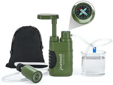Purewell Water Purifier Pump with Replaceable Carbon 0.01 Micron Water Filter, 4 Filter Stages, Portable Outdoor Emergency and Survival Gear - Camping, Hiking, Backpacking