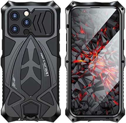 QANXGOG Metal Case for iPhone 15/15 Pro/15 Plus/15 Pro Max, Military Grade Protective Heavy Duty Full Body Shockproof Metal Bumper Silicone Case with Screen Protector,Black,iPhone15 ProMax