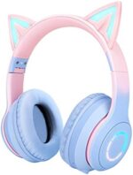 QearFun Cat Ear Kids Bluetooth Headphones for Girls for School, Foldable Wired Gaming Headset with Microphone & 3.5mm Jack, Adjustable Headband Teens Toddlers Wireless Earphones for Tablet/PC Pink