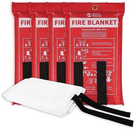 RHINO RESCUE Fire Blanket, 40''×40'' Fiberglass Emergency Fireproof Gear, Flame Retardant Protection for Home, Kitchen, Camping, Hiking, 4 Count