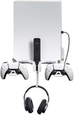 ROCHIE PS5 Wall Mount Bracket PS5 Wall Stand with 2-in-1 Magnetic Charging Cable for Playstation 5 Disc/Digital Edition, with Detachable Controller Holder & Headphone Hanger White