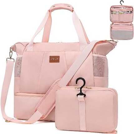 ROSEGIN Weekender Travel Bag for Women, Overnight Carry On Gym Bag with Shoe & Wet Compartments, Toiletry Bag, Luggage Sleeve, Airplane-Friendly Duffle for Hospital Labor Delivery, Pink