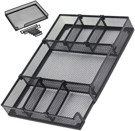 ROSROSE Desk Drawer Organizer Tray w/6 Adjustable Compartment, 7 Grid Metal Mesh Drawer, Office File Organizer, Desk Organizer Accessories Storage Basket for Office Supply, 12.6 * 8.6 * 1.77in,Black
