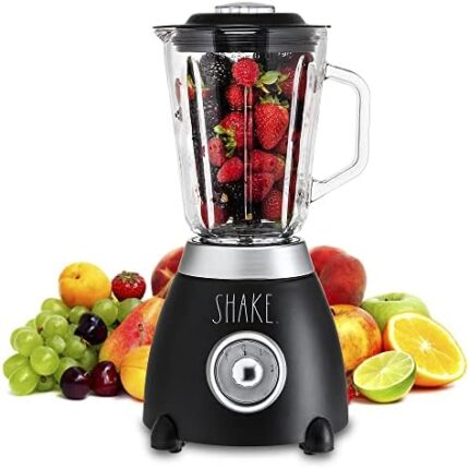 Rae Dunn Table and Countertop Blender- 2 Speed Blender with 1.5 L Glass Container and Lid, 500 W Shake and Smoothie Maker, Juice Blender with 6 Blades (Black)
