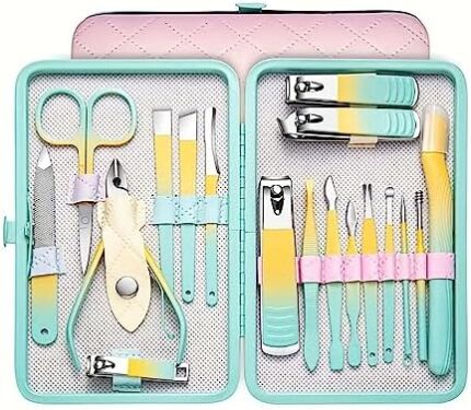 Rainbow Manicure Set, 18 in 1 Stainless Steel Gradient Professional Pedicure Kit Nail Scissors Grooming Kit with Leather Travel Case (A-Gradient)