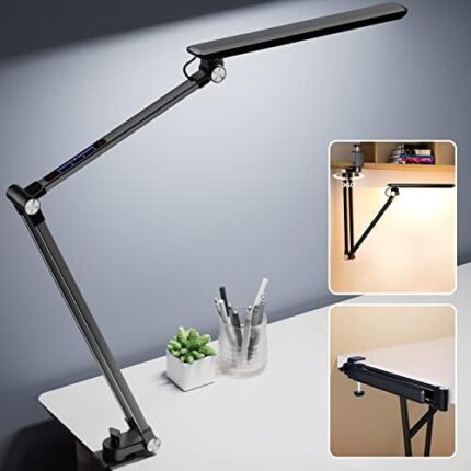 Reifeiniwei LED Desk Lamp,Dimmable 10 Color Modes 2700K-7000K & 10 Brightness,Swing Arm Table Light with Clamp,Eye-Caring Clip-on Lamps with Memory Function for Reading Work Study 700LM-Black…
