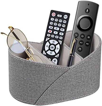 Remote Control Holder with 3 Compartments, Birds' Nest Design Desk Accessories Workspace Organizer for Office/ School/ Home, Modern PU Leather Nightstand Caddy Organizer for Makeup/ Vanity/ Stationery
