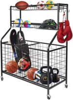 Rolling Garage Sports Equipment Organizer with Baskets and Hooks, Ball Storage Rack on Wheels, Sports Ball Gear Rack for School, Gym, Playground, Black
