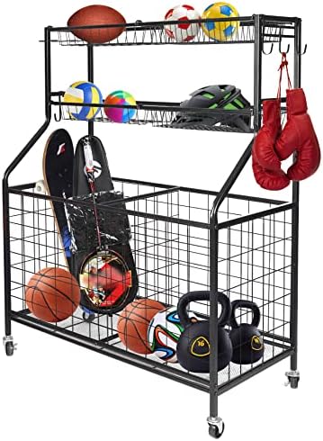 Rolling Garage Sports Equipment Organizer with Baskets and Hooks, Ball Storage Rack on Wheels, Sports Ball Gear Rack for School, Gym, Playground, Black