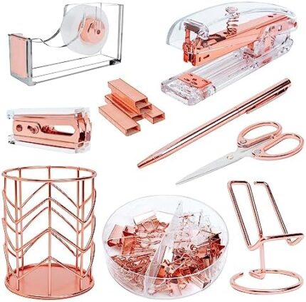 Rose Gold Office Supplies and Accessories - Cute Office Supplies for Women with Rose Gold Stapler, Tape Dispenser, Pen Holder, Scissors, Phone Holder, and More - for Stunning Rose Gold Office Decor