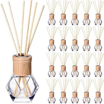 Roshtia 20 Set Reed Diffuser Bottle Empty Fragrance Glass Diffuser Bottles Refillable Diffuser Bottles Set with Wooden Caps Rattan Sticks 50ml 1.7 Oz Diffuser Glass Jars for DIY Fragrance (Irregular)