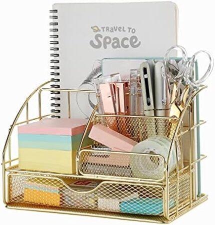 Royanest Desktop Storage Box with Drawers, Mesh Desk Organizer and Accessories, Used for Home, School, Cosmetics Desktop Organization and Decoration (golden)