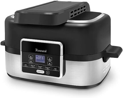 Runnatal 5-in-1 Smokeless Electric Indoor Grill with Air Fry, Roast, Bake & Dehydrate, Air Fryer, Black/Silver
