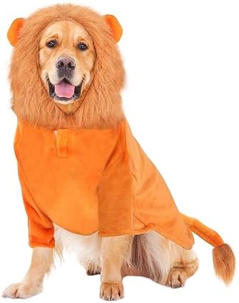 Rypet Large Dog Lion Costume Pet Clothes for Halloween Party Simulation Lion Pets Outfits with Leash Hole Lion Mane for Dog Pet Lion Hoodie Cosplay Dog Costumes for Medium to Large Sized Dogs