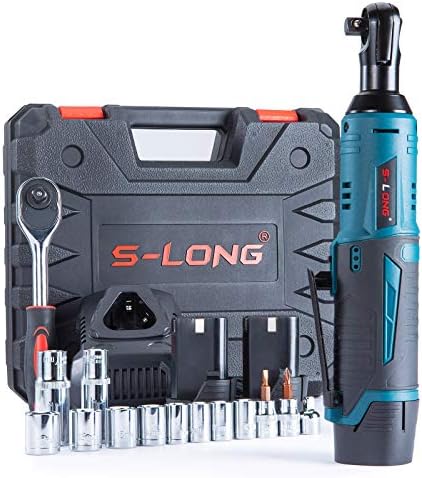 S-LONG Cordless Ratchet Wrench Set, 3/8" 400 RPM 12V Power Electric Ratchet Driver with 12 Sockets, Two 2000mAh Lithium-Ion Batteries and 60-Min Fast Charge