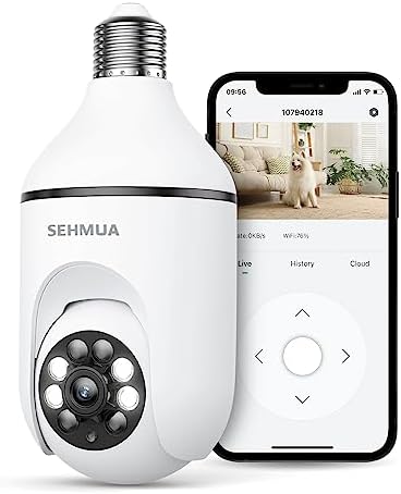 SEHMUA 2K Light Bulb Security Camera, 360° Wi-Fi Security Cameras Wireless Outdoor/Indoor Home, Color Night Vision, Motion&Siren Alert, Auto Tracking, SD & Cloud Storage, Support Alexa, E26/E27 Socket