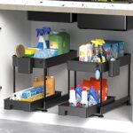 SPACELEAD Under Sink Organizers and Storage for Bathroom 2 Tier Sliding Cabinet Basket Drawers, Kitchen Under Sink Organizer with Hooks The Bottom Can Be Pulled Out Black