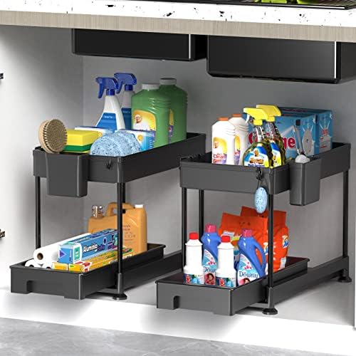 SPACELEAD Under Sink Organizers and Storage for Bathroom 2 Tier SPACELEAD Under Sink Organizers and Storage for Bathroom 2 Tier Sliding Cabinet Basket Drawers, Kitchen Under Sink Organizer with Hooks The Bottom Can Be Pulled Out Black