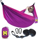 SZHLUX Camping Hammock Double Portable Hammocks Camping Accessories and Camping Gear,Great for Hiking,Outdoor,Beach,Camping,Purple/Pink