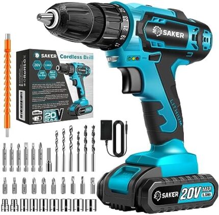 Saker Cordless Drill Set, 20V Electric Drill with Drill/Screwdriver Bits, 3/8-Inch Keyless Chuck, 2 Variable Speeds, 18+1 Torque Setting Battery Power Drilling Driver for Plastic, Wood, Metal, Screws
