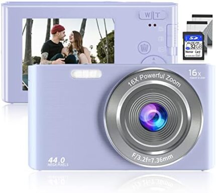Saneen Digital Camera, FHD 2.7K & 44MP Kids Camera Video Cameras for Photography with 32GB SD Card 16X Digital Zoom, Compact Point and Shoot Camera Small Camera for Beginners, Kids and Teens-Purple