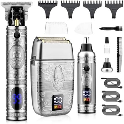 Saoilli Professional Hair Trimmer Hair Clippers for Men, Nose Hair Trimmer Shaver Set,Cordless T-Blade Beard Trimmer Barber Clippers,Electric Razor Foil Shavers for Men Haircut Grooming Kit(Silver)
