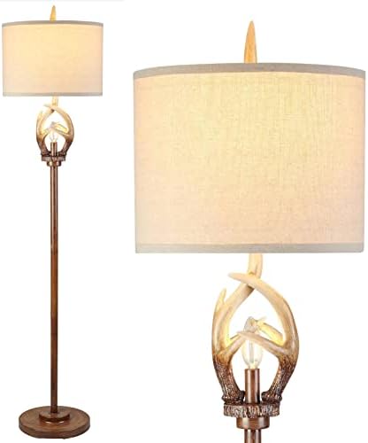 Scenekoy Rustic Farmhouse Antlers Floor Lamp with Nightlight Hardback Shade Lamps for Living Room Bedroom Office Study House