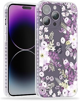 Scorpify for iPhone 15 Pro Case Purple Nemophila Floral Design, Cute Clear Flower Phone Cover for Women Girls [10FT MIL-Grade Drop Protection] [Non Yellowing] Bumper, Stylish with Gold Accents