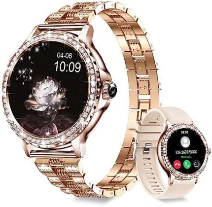 Smart Watches for Women (Answer/Make Call) with Diamonds, 1.3” HD Touch Screen Bluetooth Smartwatch for Android iOS Phones, Fitness Activity Trackers with Heart Rate/SpO2/BP/Sleep Monitor (Gold)