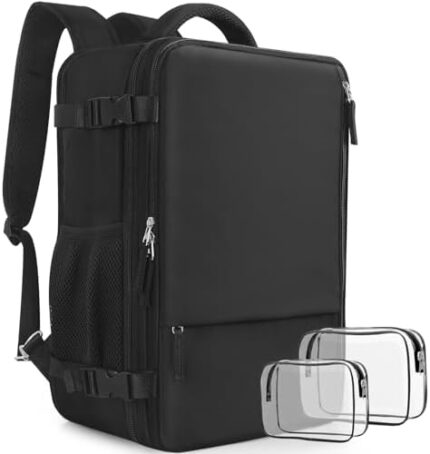 Snoffic Reliable Travel Backpack for Men Women, Carry On Backpack Personal Item Size, Waterproof College Backpack, Business Work Hiking Casual Daypack Bag, Fits 17.3" Laptop, Black