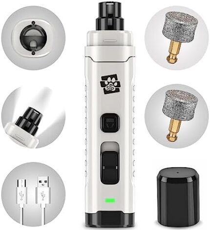 Soft Pet Paws Dog Nail Grinder - Ultra Quiet Operation - Upgraded Dog Nail Trimmer with 2 LED Lights - 2-Speed Rechargeable Nail Grinder - for Small, Medium and Large Dogs - Extra Grinding Head
