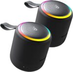 Soundcore Mini 3 Pro - Wireless Portable IPX7 Waterproof Pocket Bluetooth Speaker, Custom EQ, Music Driven Lightshow, PartyCast (Connect up to 100 Speakers) 15-Hour Playtime (2-Pack, Black)