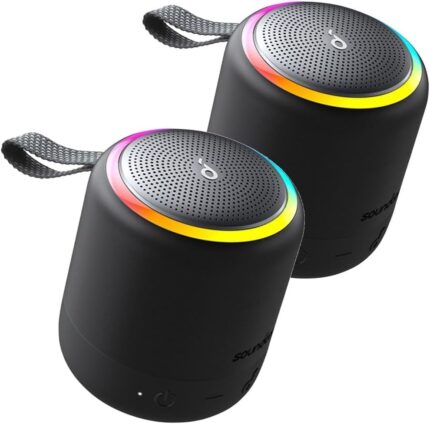 Soundcore Mini 3 Pro - Wireless Portable IPX7 Waterproof Pocket Bluetooth Speaker, Custom EQ, Music Driven Lightshow, PartyCast (Connect up to 100 Speakers) 15-Hour Playtime (2-Pack, Black)