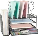 Spacrea Desk Organizers and Accessories, 4-Tier Letter Trays Paper Organizer with File Holder and Drawer, File Organizer for Home Office Supplies Desk Accessories & Workspace Organizers（Black）